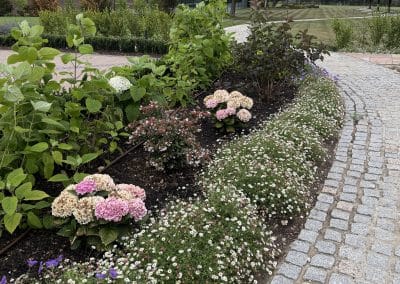 Path along driveway filled with pink, purple and white coloured flowers created an impactful garden design.