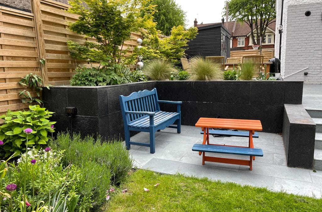 Split level family garden Carhalton Beeches Surrey